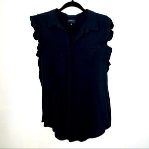 Who What Wear Black Short Flutter Sleeve Button Up Top, Size XL
